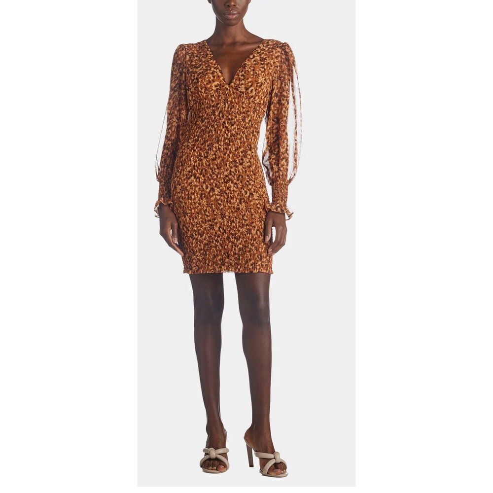Steve Madden Carly Dress Women's Printed Smocked Dress Mocha‎ Bisque Small NEW